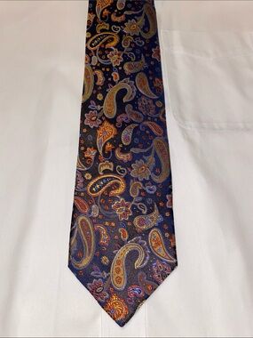 Lorenzo Cana Navy Paisley Silk Tie with Orange and Gold Motifs